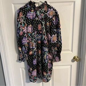 LOFT Vine Smocked Trim Dress Black Floral Long Sleeve Size 12P